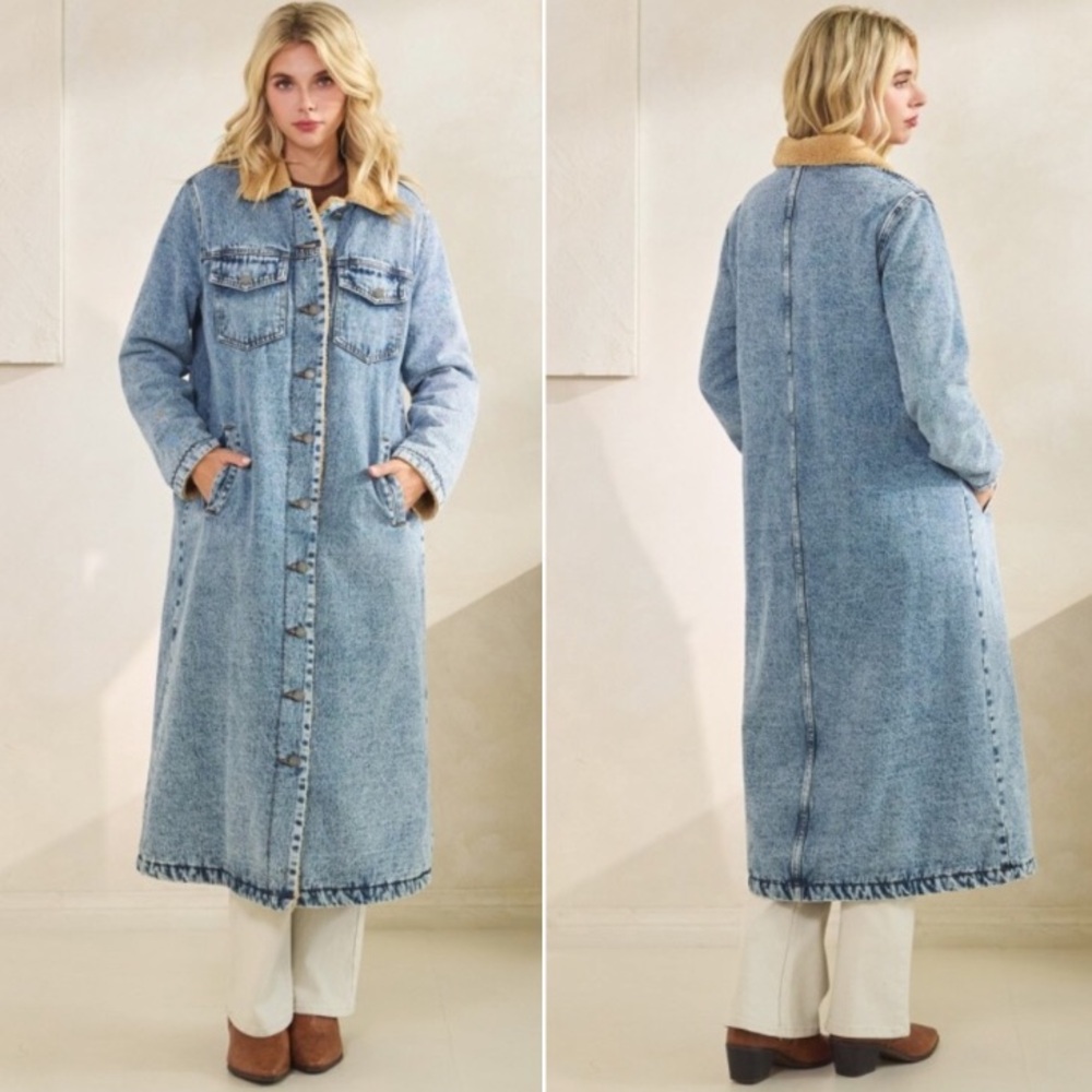Light Wash Teddy Line Button Down Pockets Denim Jean Long Jacket - Picture 4 of 5